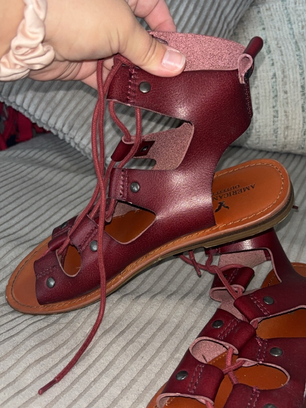 American Eagle Outfitters Burgundy Lace-Up Leather Sandals